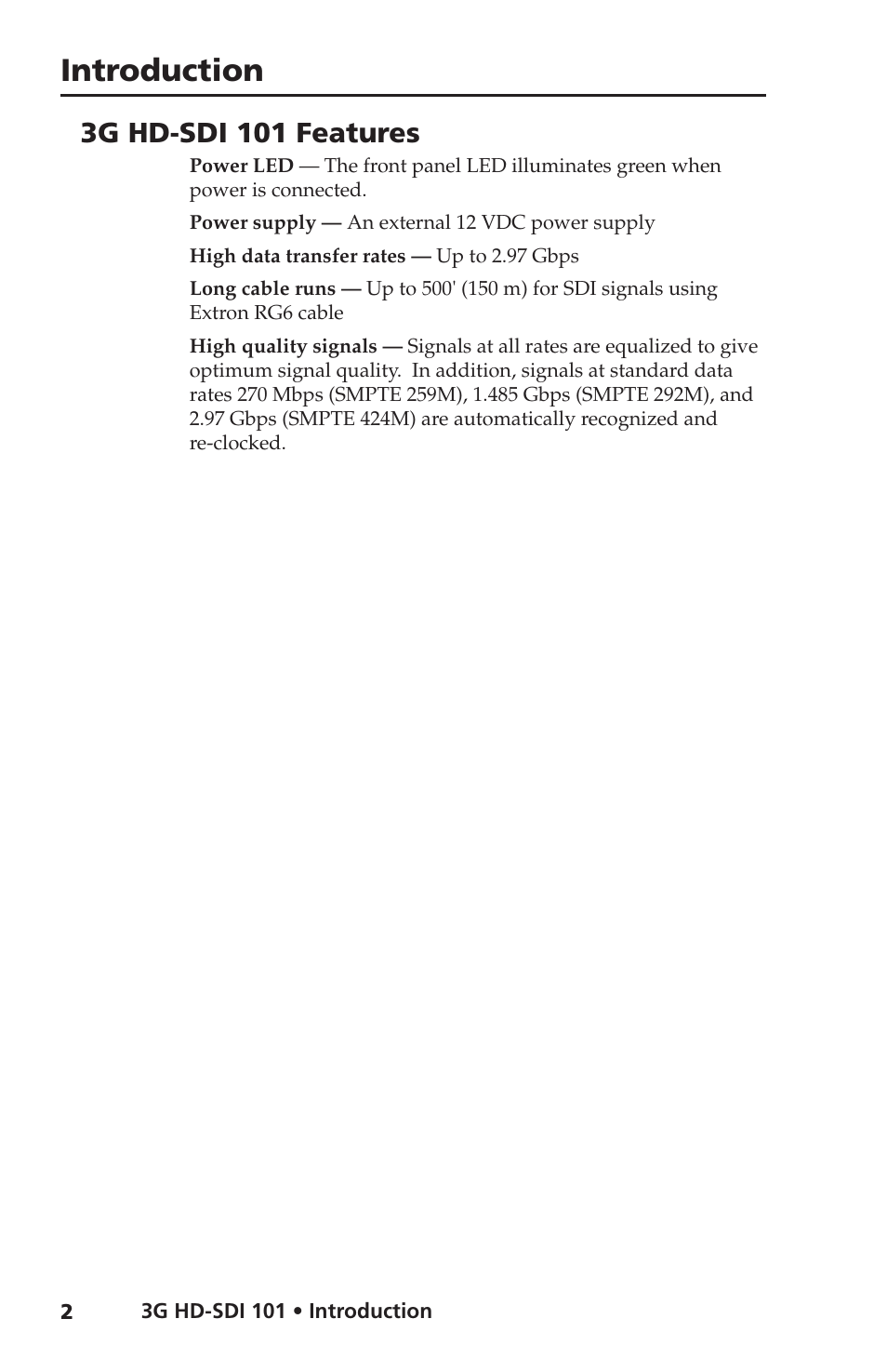 3g hd-sdi 101 features, Introduction | Extron Electronics 3G HD-SDI 101 User Guide User Manual | Page 6 / 16