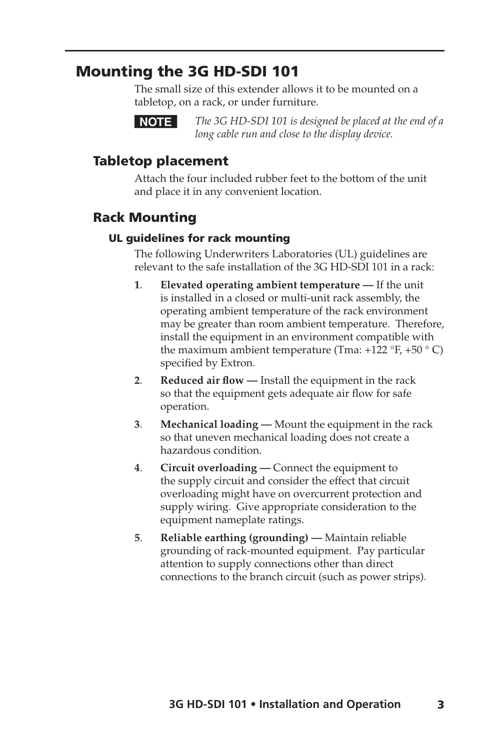 Mounting the 3g hd-sdi 101, Tabletop placement, Ul guidelines for rack mounting | Rack mounting | Extron Electronics 3G HD-SDI 101 User Guide User Manual | Page 7 / 16