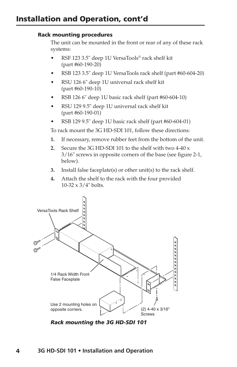 Rack mounting procedures, Installation and operation, cont’d | Extron Electronics 3G HD-SDI 101 User Guide User Manual | Page 8 / 16