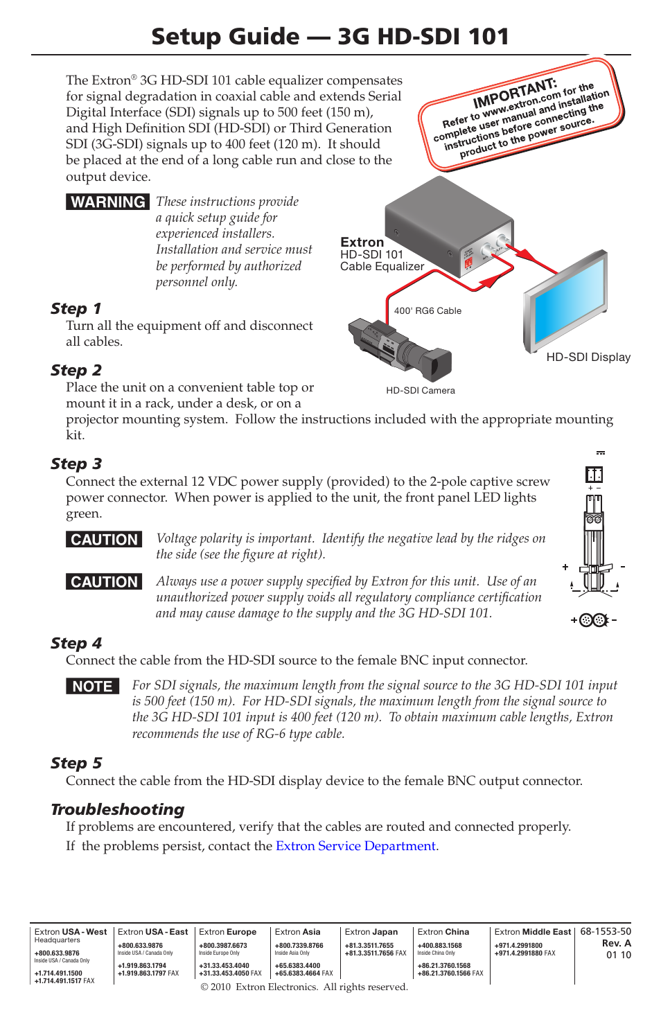 Extron Electronics 3G HD-SDI 101 Setup Guide User Manual | 1 page