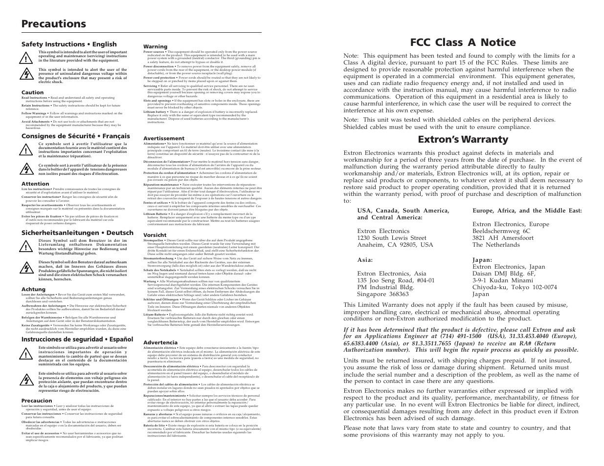 Precautions, Fcc class a notice, Extron’s warranty | Instrucciones de seguridad • español | Extron Electronics SVDA 6A MX User Manual | Page 2 / 6