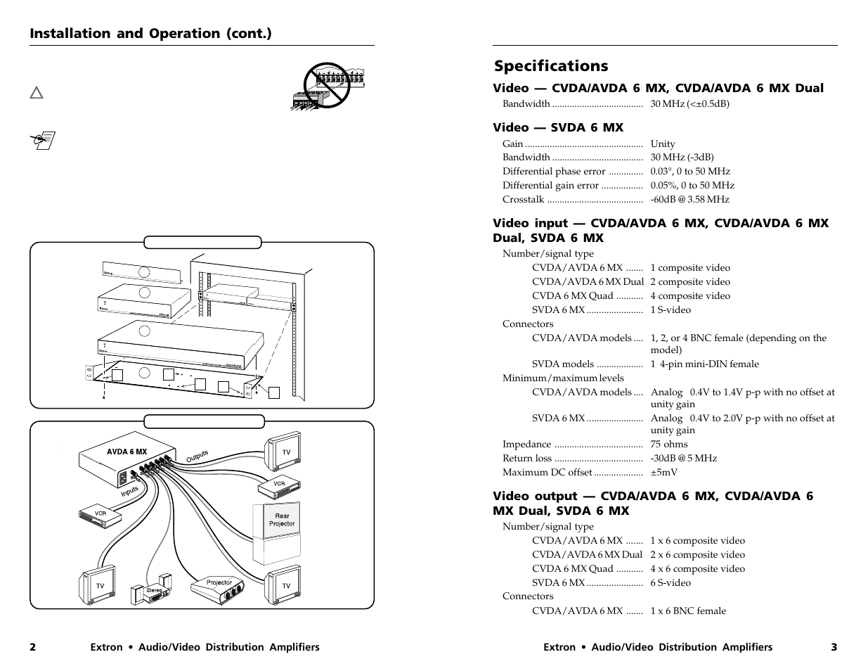 Specifications, Installation and operation (cont.), Video — cvda/avda 6 mx, cvda/avda 6 mx dual | Video — svda 6 mx | Extron Electronics SVDA 6A MX User Manual | Page 4 / 6