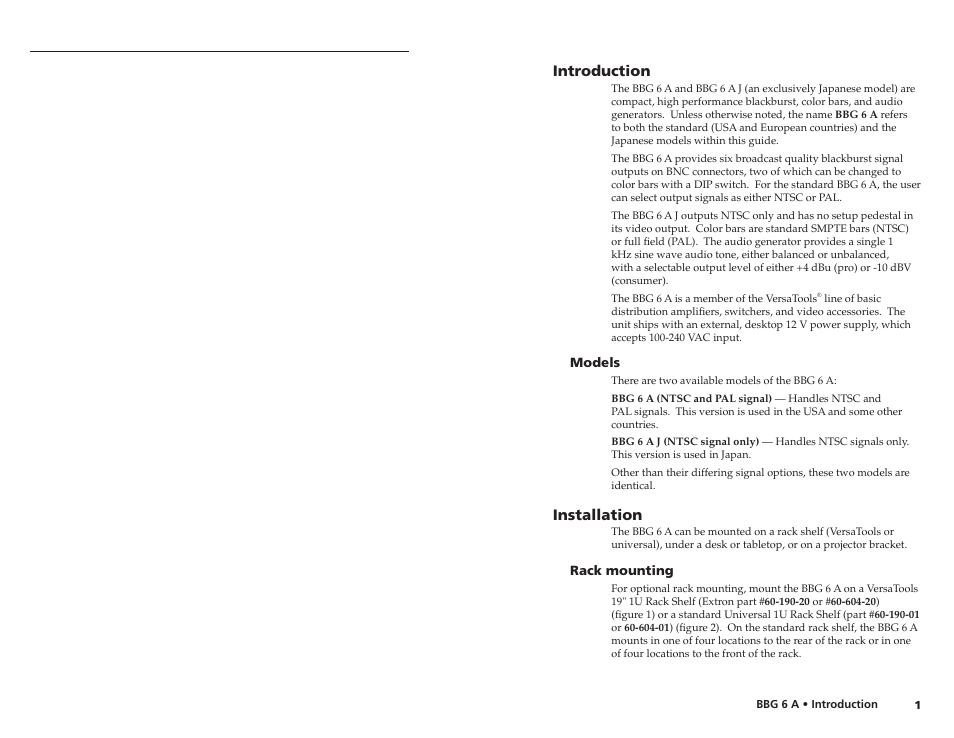 Introduction, Installation | Extron Electronics BBG 6 A J User Manual | Page 4 / 8