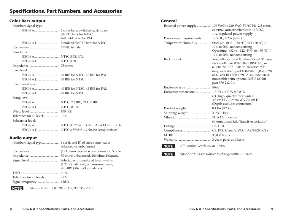 Specifications, part numbers, and accessories | Extron Electronics BBG 6 A J User Manual | Page 8 / 8