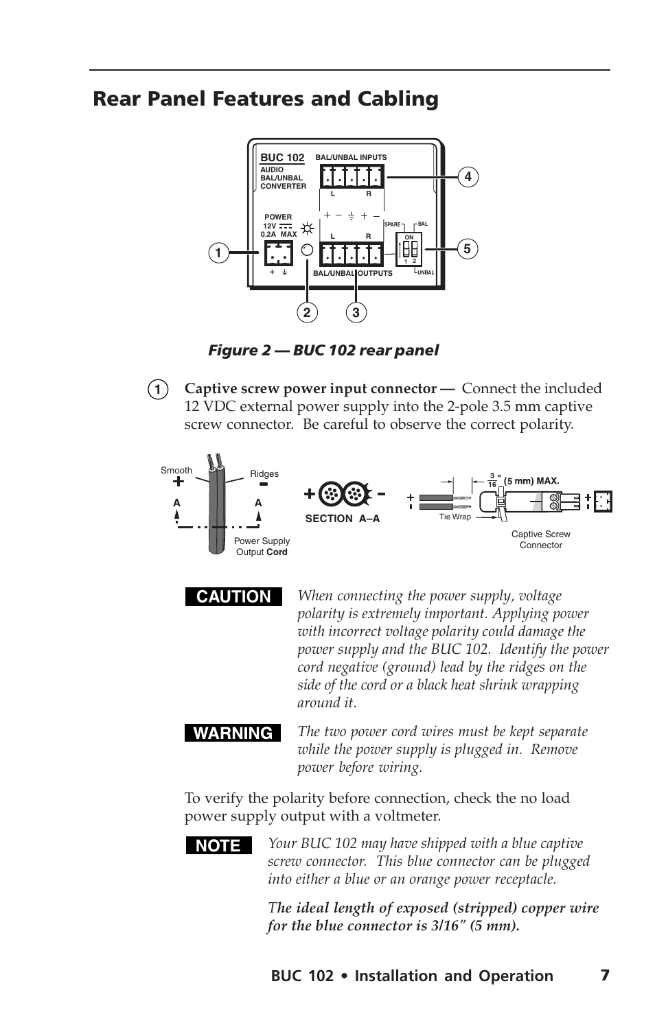 Rear panel features and cabling, Caution, Buc 102 • installation and operation | Figure 2 — buc 102 rear panel | Extron Electronics BUC 102 User Manual | Page 11 / 18