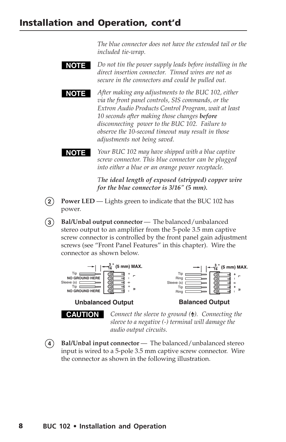 Installation and operation, cont’d, Caution, Buc 102 • installation and operation | Extron Electronics BUC 102 User Manual | Page 12 / 18