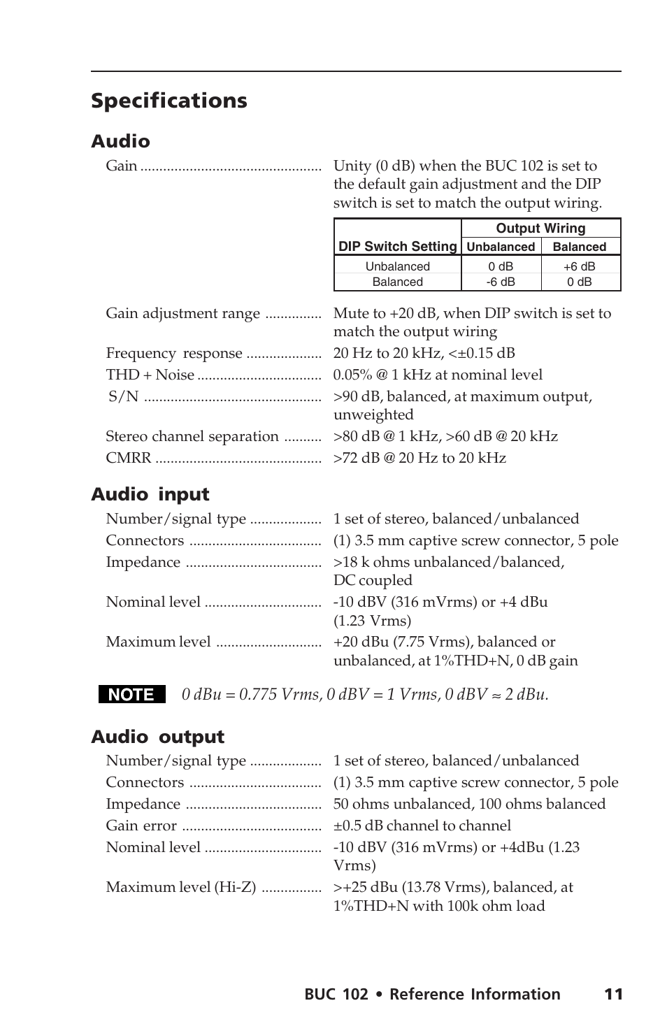 Specifications, Audio, Audio input | Audio output | Extron Electronics BUC 102 User Manual | Page 15 / 18