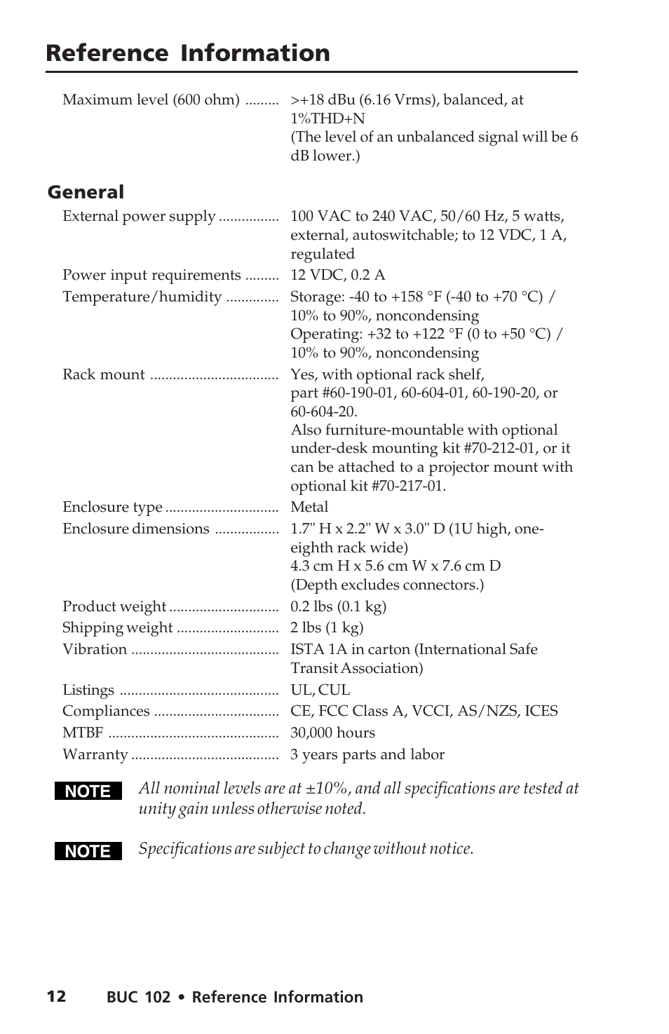 Reference information, Reference information, cont’d | Extron Electronics BUC 102 User Manual | Page 16 / 18