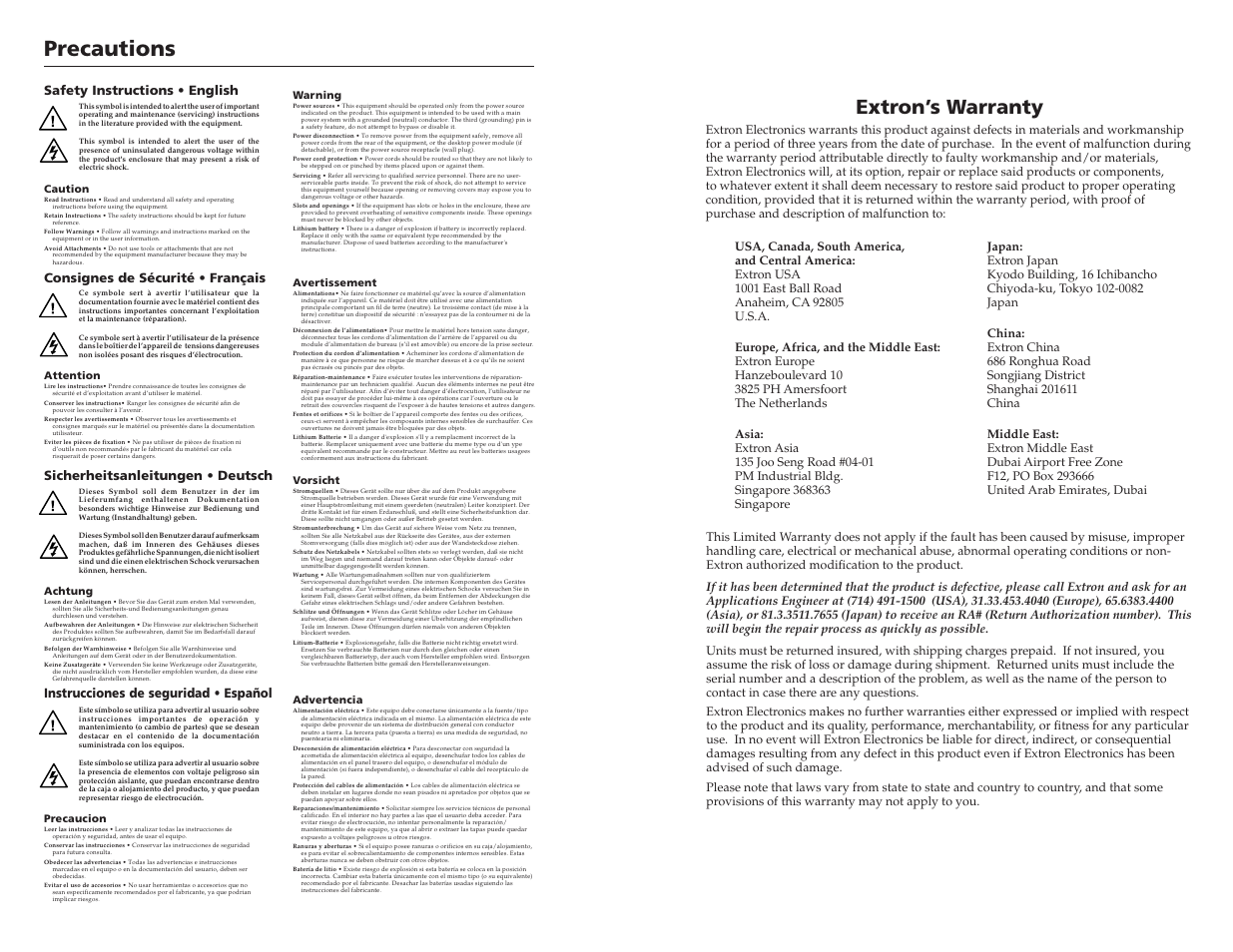 Precautions, Extron’s warranty, Instrucciones de seguridad • español | Caution, Warning, Attention, Avertissement, Achtung, Vorsicht, Precaucion | Extron Electronics BUC 102 User Manual | Page 2 / 18