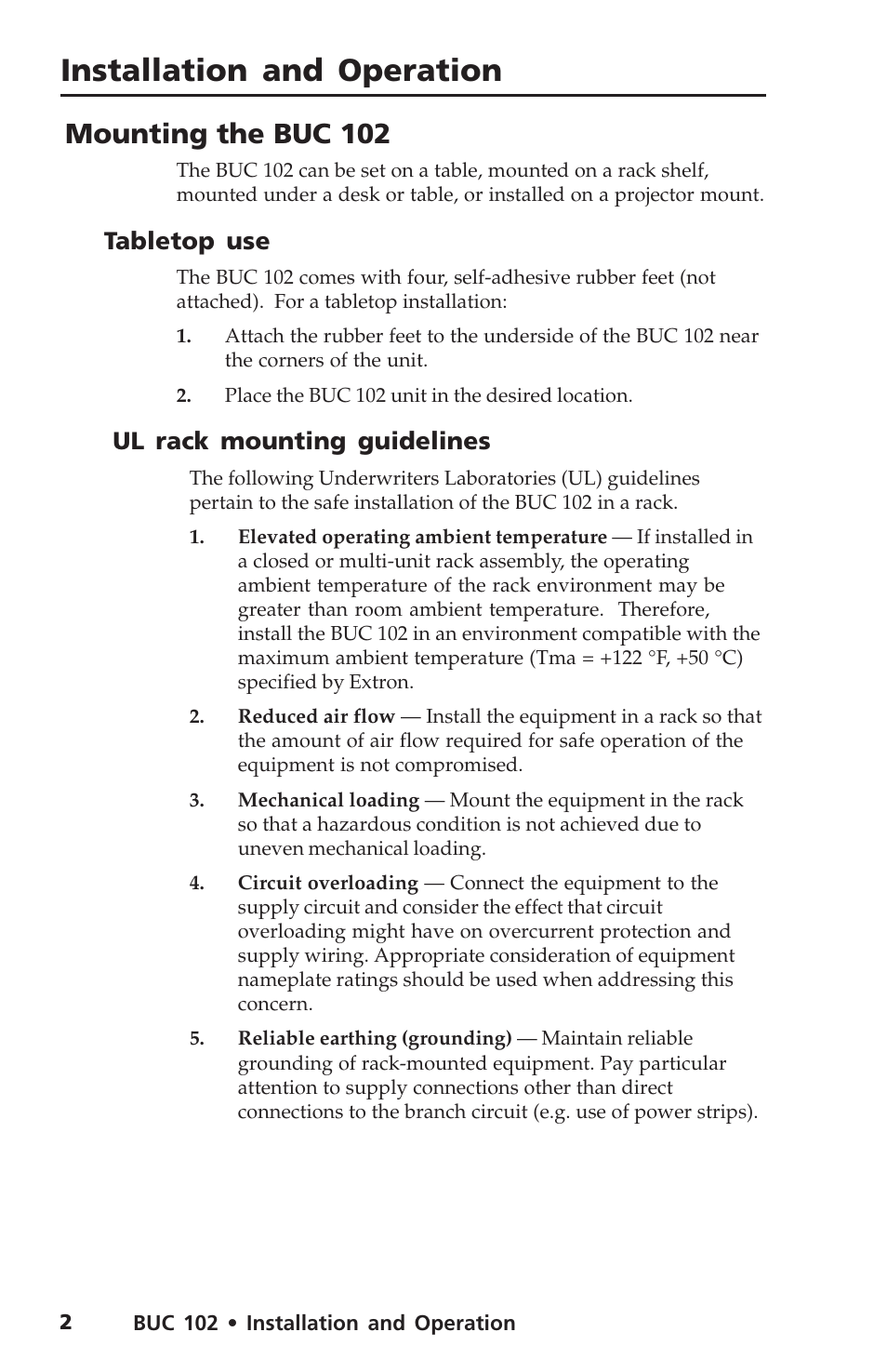Installation and operation, Installation and operation, cont’d, Mounting the buc 102 | Tabletop use, Ul rack mounting guidelines | Extron Electronics BUC 102 User Manual | Page 6 / 18