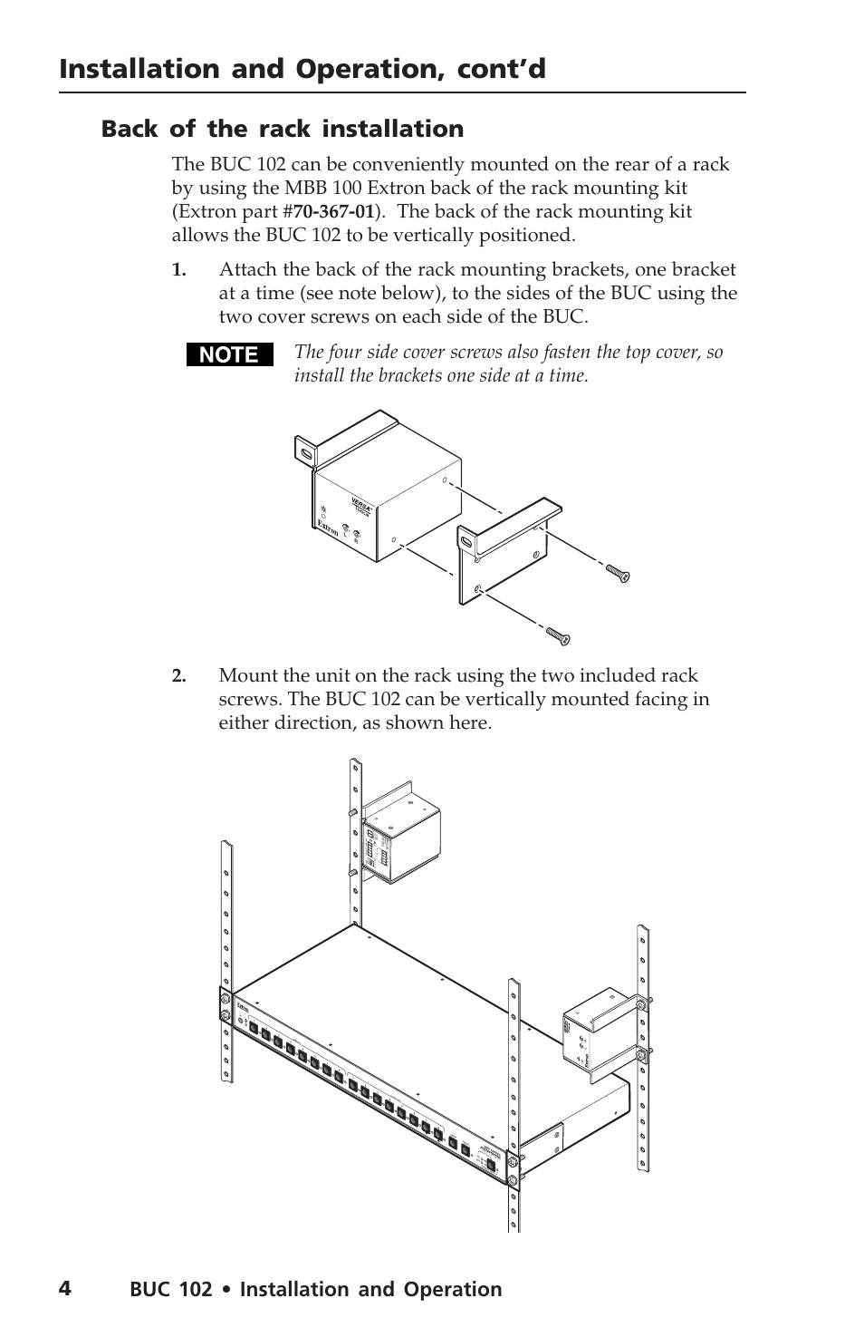 Installation and operation, cont’d, Back of the rack installation, Buc 102 • installation and operation | Extron Electronics BUC 102 User Manual | Page 8 / 18