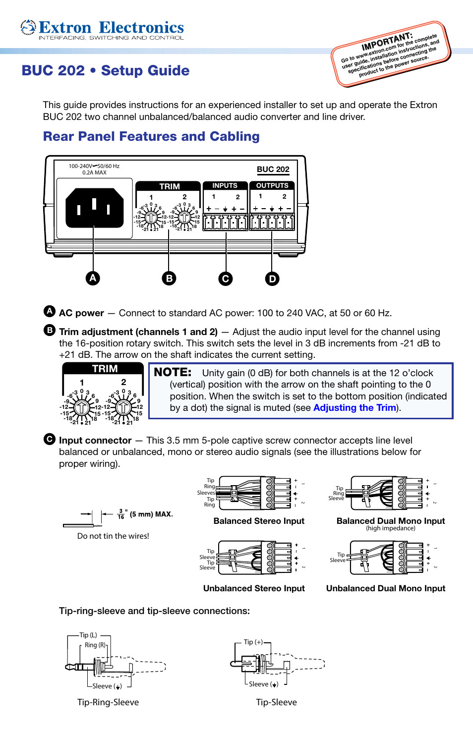Extron Electronics BUC 202 Setup Guide User Manual | 4 pages