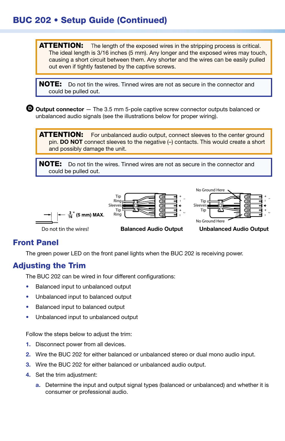 Buc 202 • setup guide (continued), Front panel, Adjusting the trim | Attention | Extron Electronics BUC 202 Setup Guide User Manual | Page 2 / 4