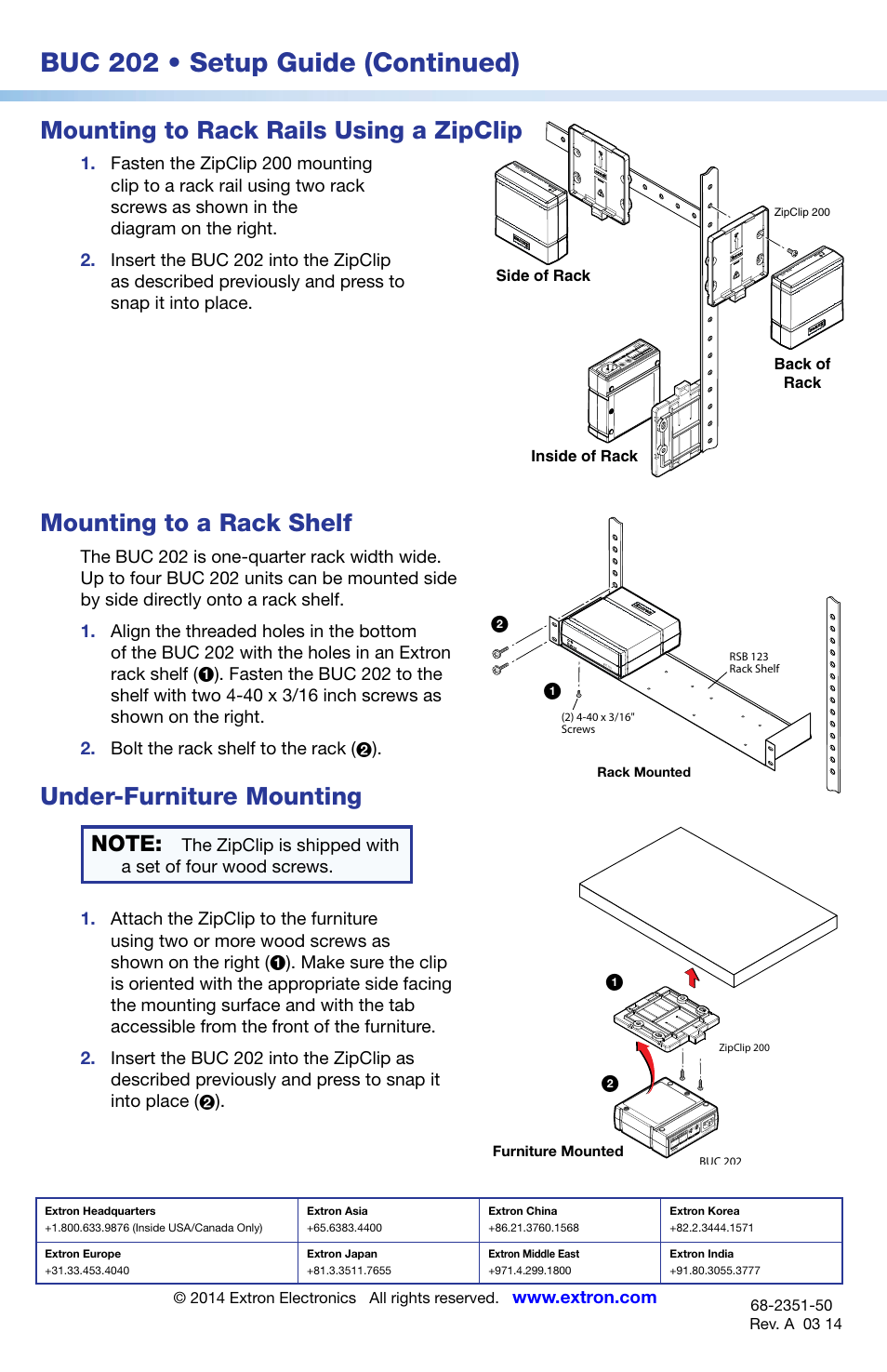 Buc 202 • setup guide (continued), Mounting to rack rails using a zipclip, Mounting to a rack shelf | Under-furniture mounting | Extron Electronics BUC 202 Setup Guide User Manual | Page 4 / 4