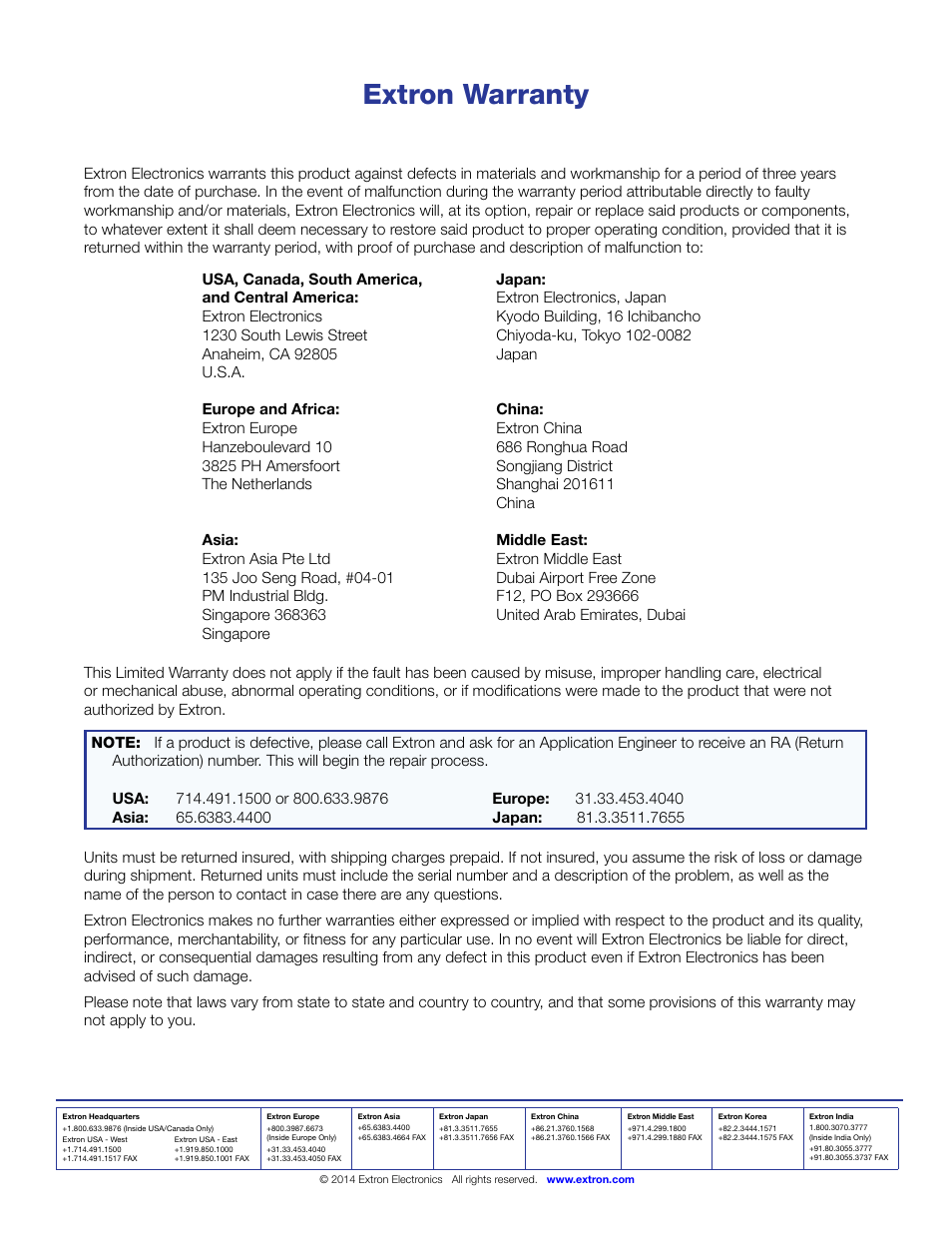 Contact information, Extron warranty | Extron Electronics BUC 202 User Guide User Manual | Page 15 / 15