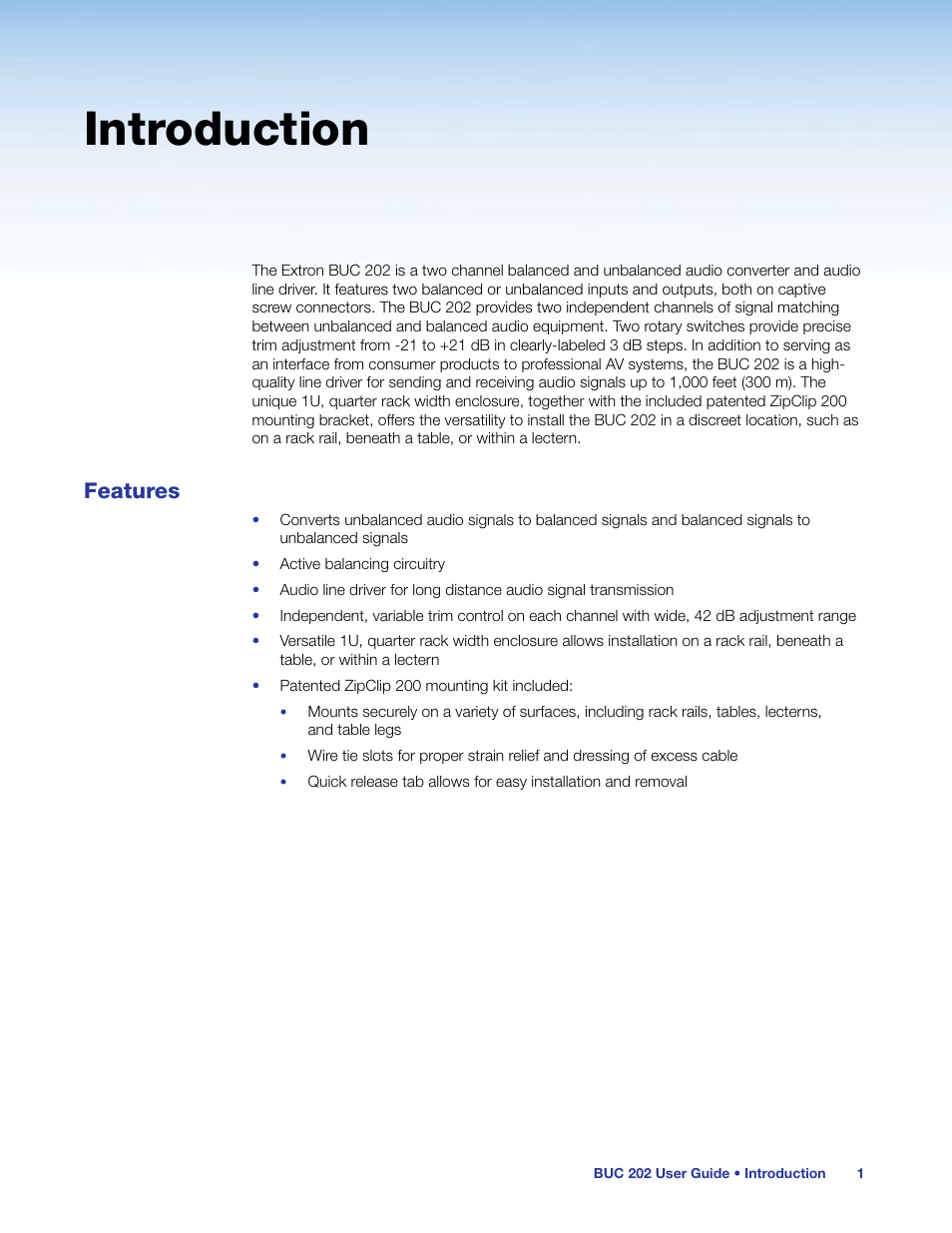 Introduction, Features | Extron Electronics BUC 202 User Guide User Manual | Page 5 / 15