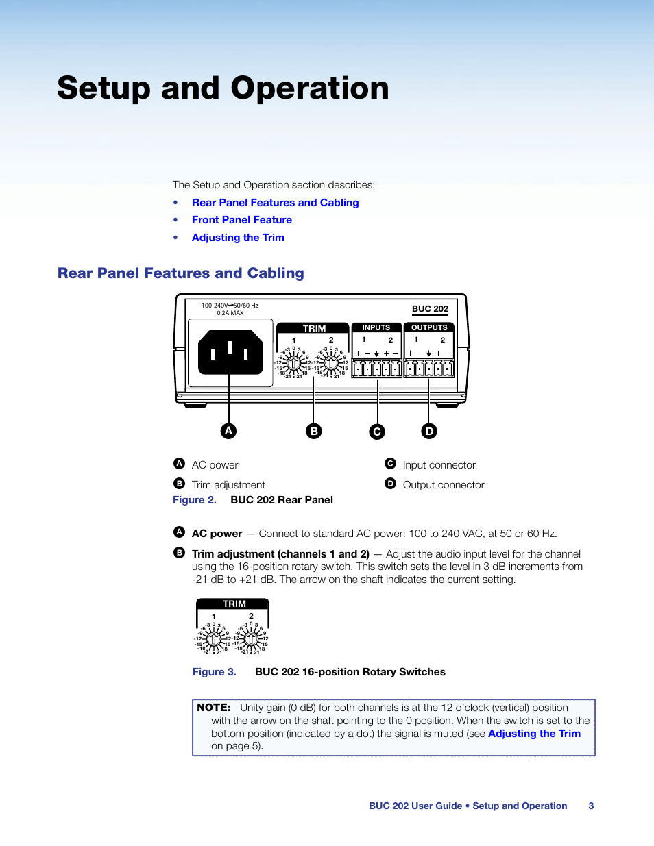 Setup and operation, Rear panel features and cabling, Ab c d | Ac power, Input connector, Trim adjustment, Output connector figure 2. buc 202 rear panel | Extron Electronics BUC 202 User Guide User Manual | Page 7 / 15