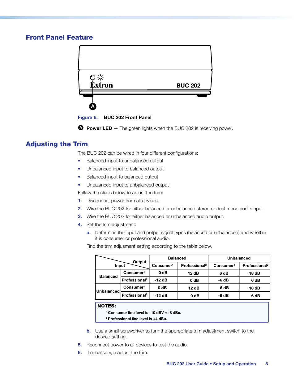 Front panel feature, Adjusting the trim, Front panel feature adjusting the trim | Buc 202 | Extron Electronics BUC 202 User Guide User Manual | Page 9 / 15