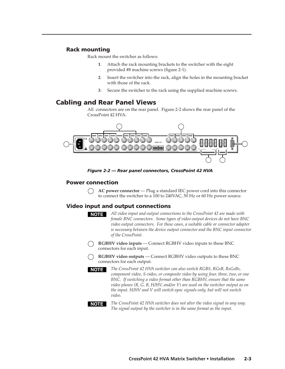 Cabling and rear panel views, Rack mounting, Power connection | Video input and output connections, 3 crosspoint 42 hva matrix switcher • installation | Extron Electronics CrossPoint 42 HVA User Manual | Page 13 / 46