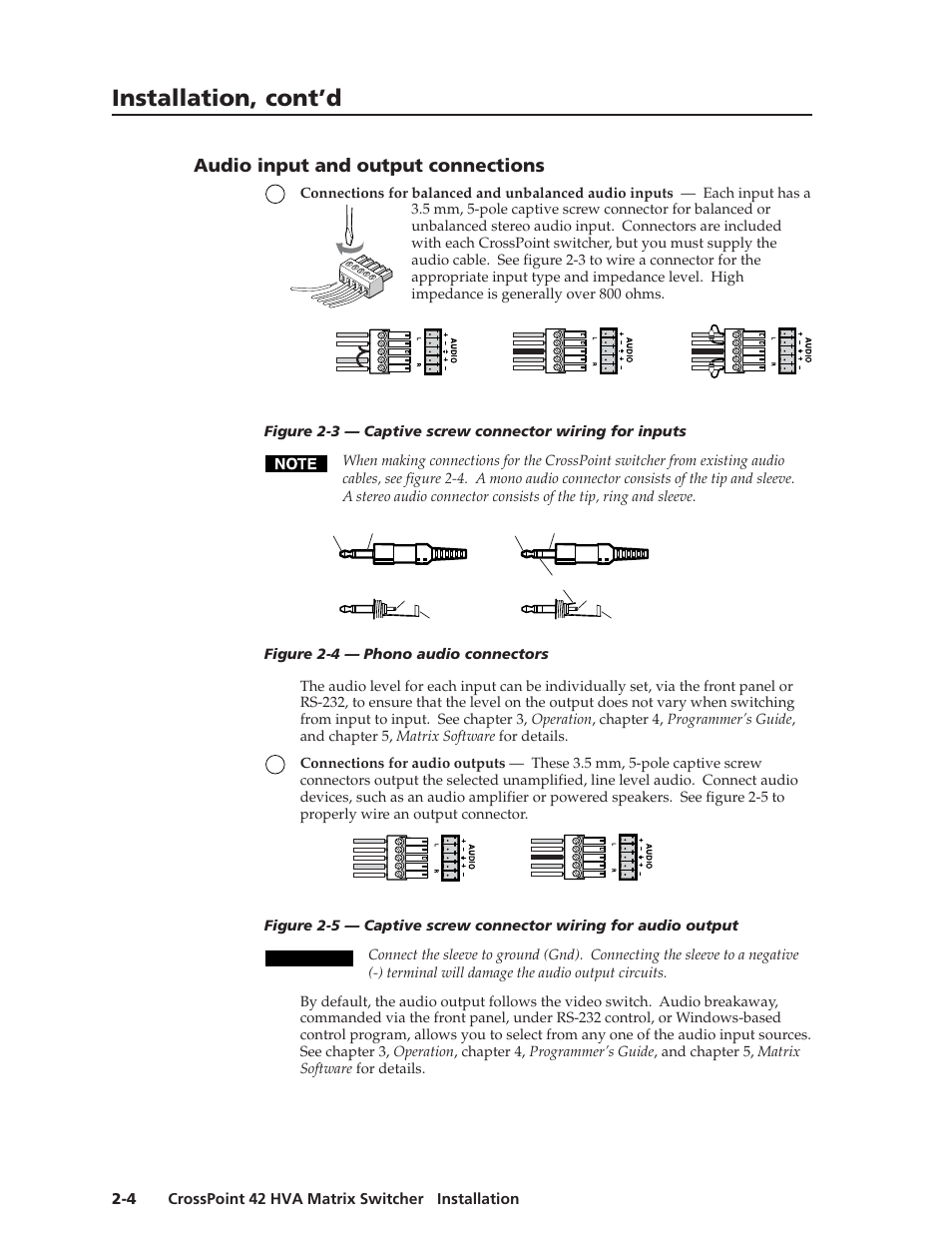 Installation, cont’d, Audio input and output connections, Caution | Extron Electronics CrossPoint 42 HVA User Manual | Page 14 / 46