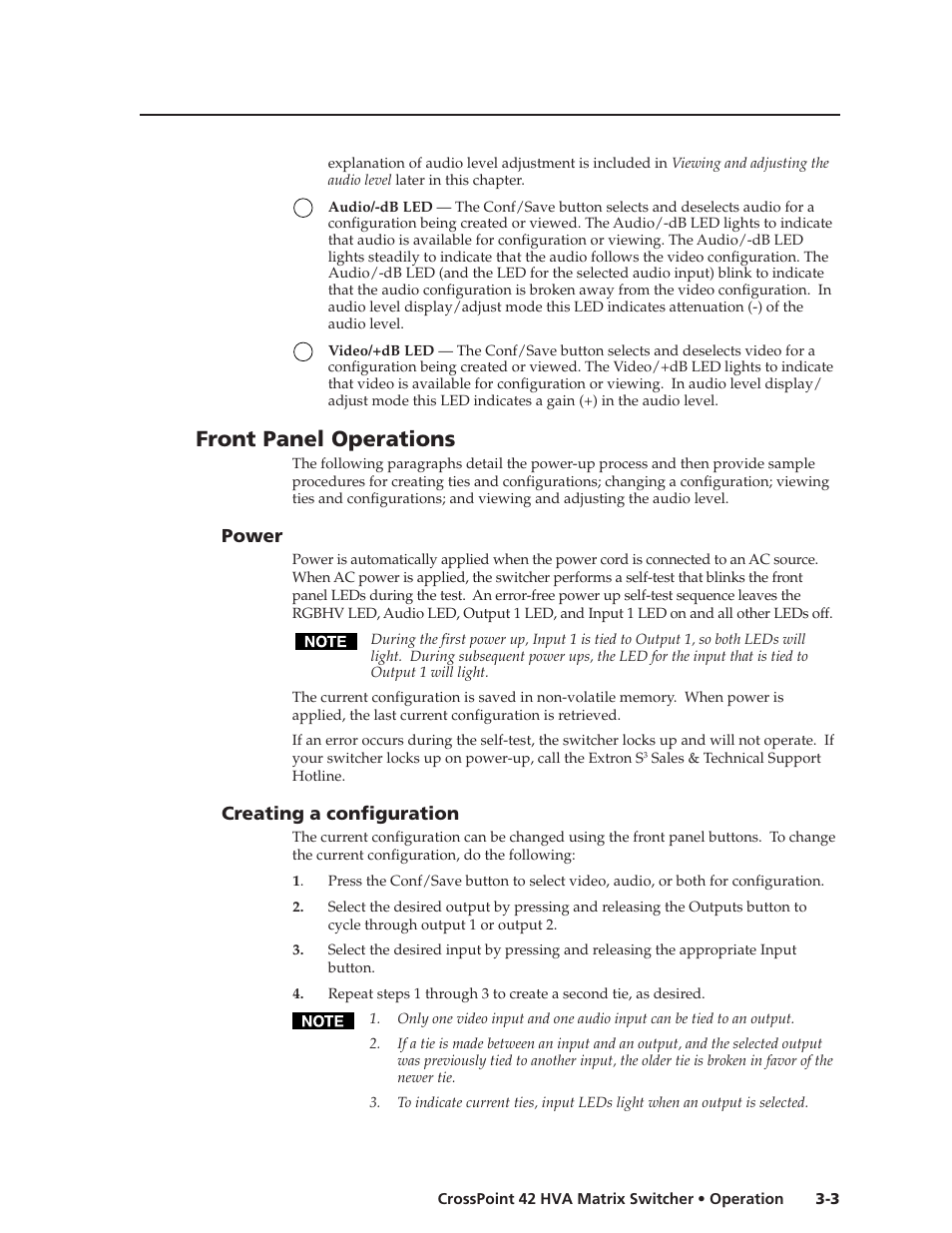 Front panel operations, Power, Creating a configuration | Extron Electronics CrossPoint 42 HVA User Manual | Page 19 / 46