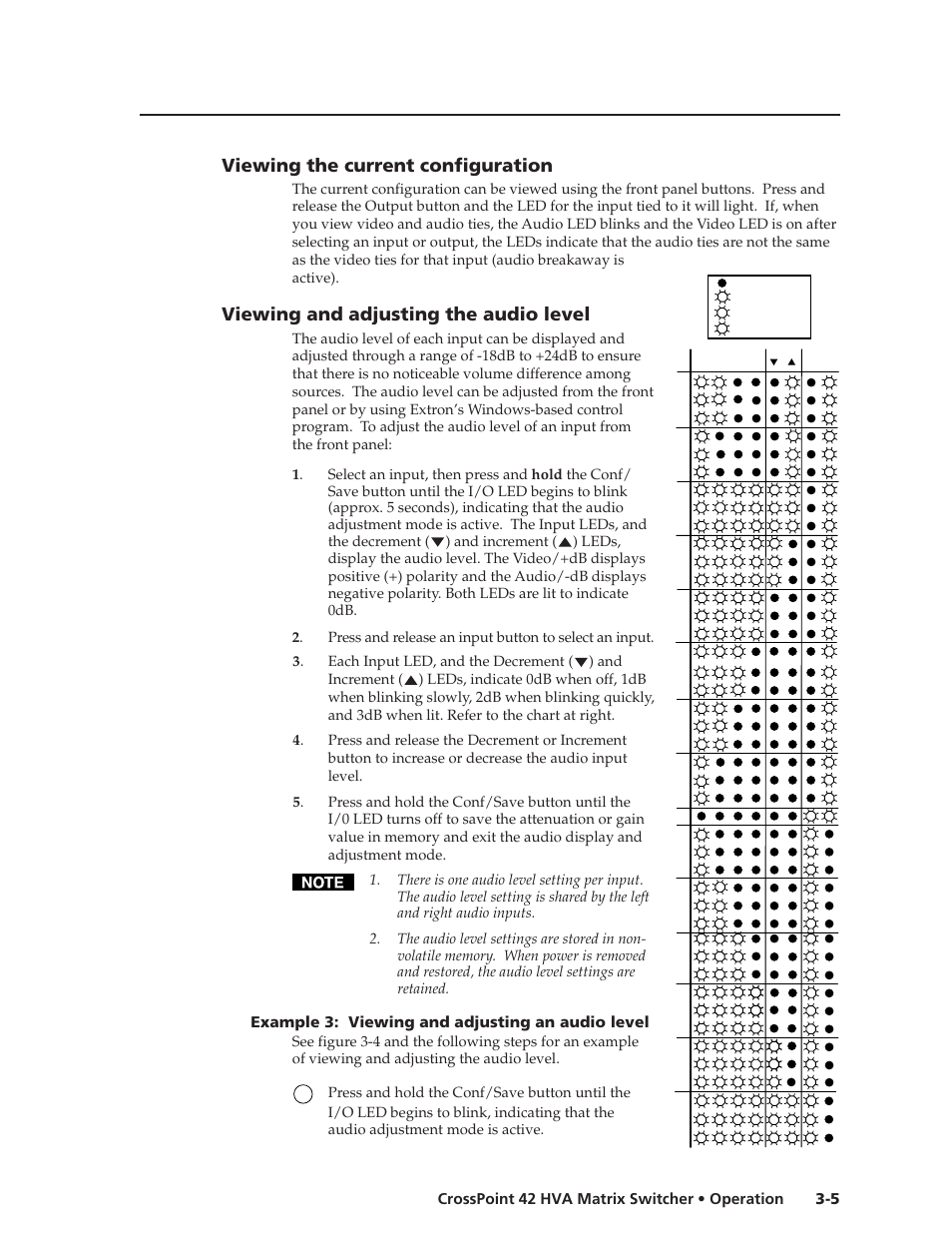 Viewing the current configuration, Viewing and adjusting the audio level, 5 crosspoint 42 hva matrix switcher • operation | Example 3: viewing and adjusting an audio level | Extron Electronics CrossPoint 42 HVA User Manual | Page 21 / 46