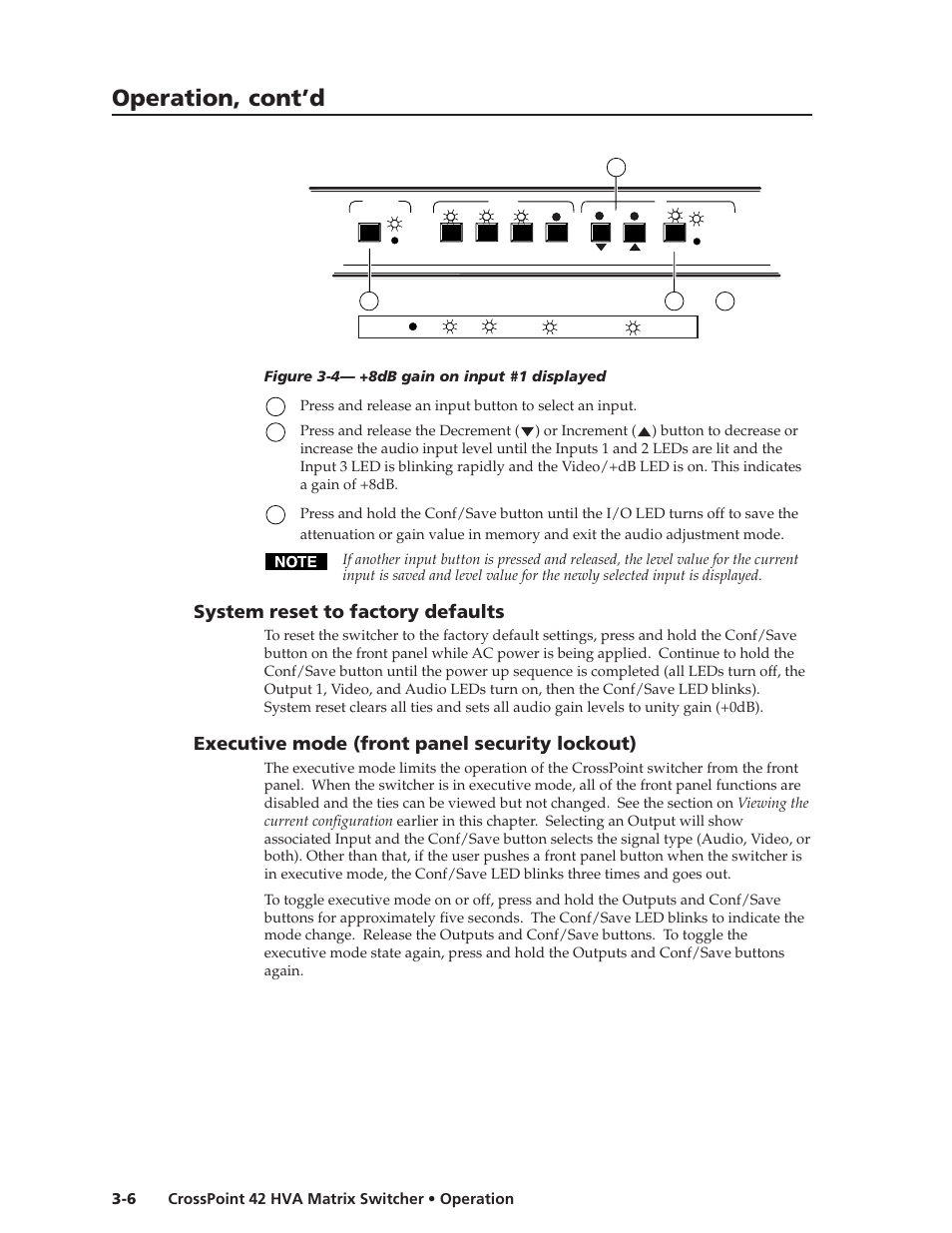 Operation, cont’d, System reset to factory defaults, Executive mode (front panel security lockout) | Crosspoint 42 hva matrix switcher • operation 3-6 | Extron Electronics CrossPoint 42 HVA User Manual | Page 22 / 46