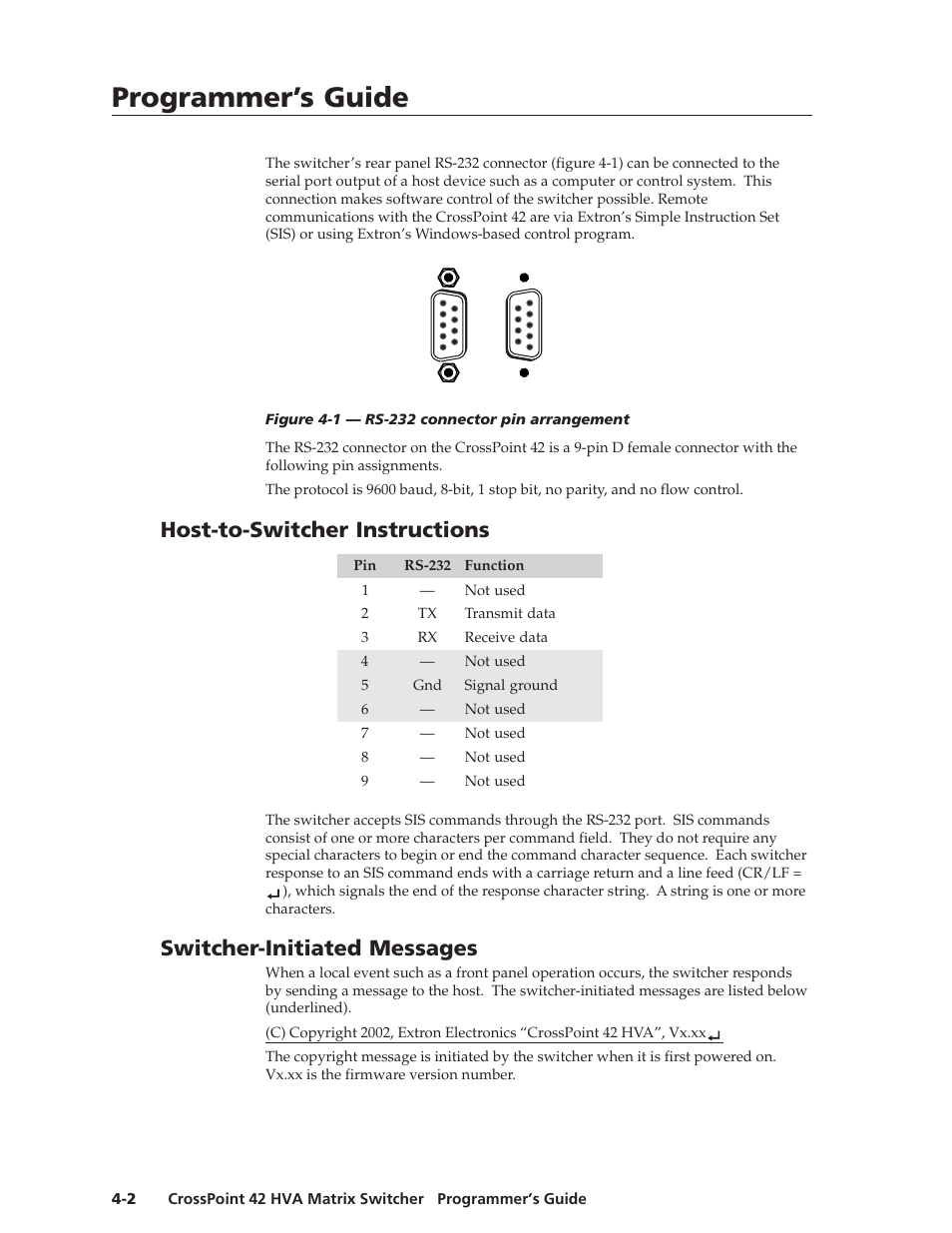 Programmer’s guide, Programmer’s guide, cont’d, Host-to-switcher instructions | Switcher-initiated messages | Extron Electronics CrossPoint 42 HVA User Manual | Page 26 / 46