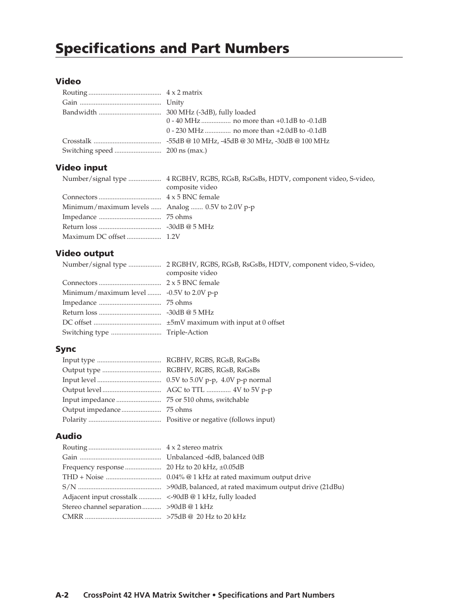 Specifications and part numbers, Specifications and part numbes, cont’d | Extron Electronics CrossPoint 42 HVA User Manual | Page 36 / 46