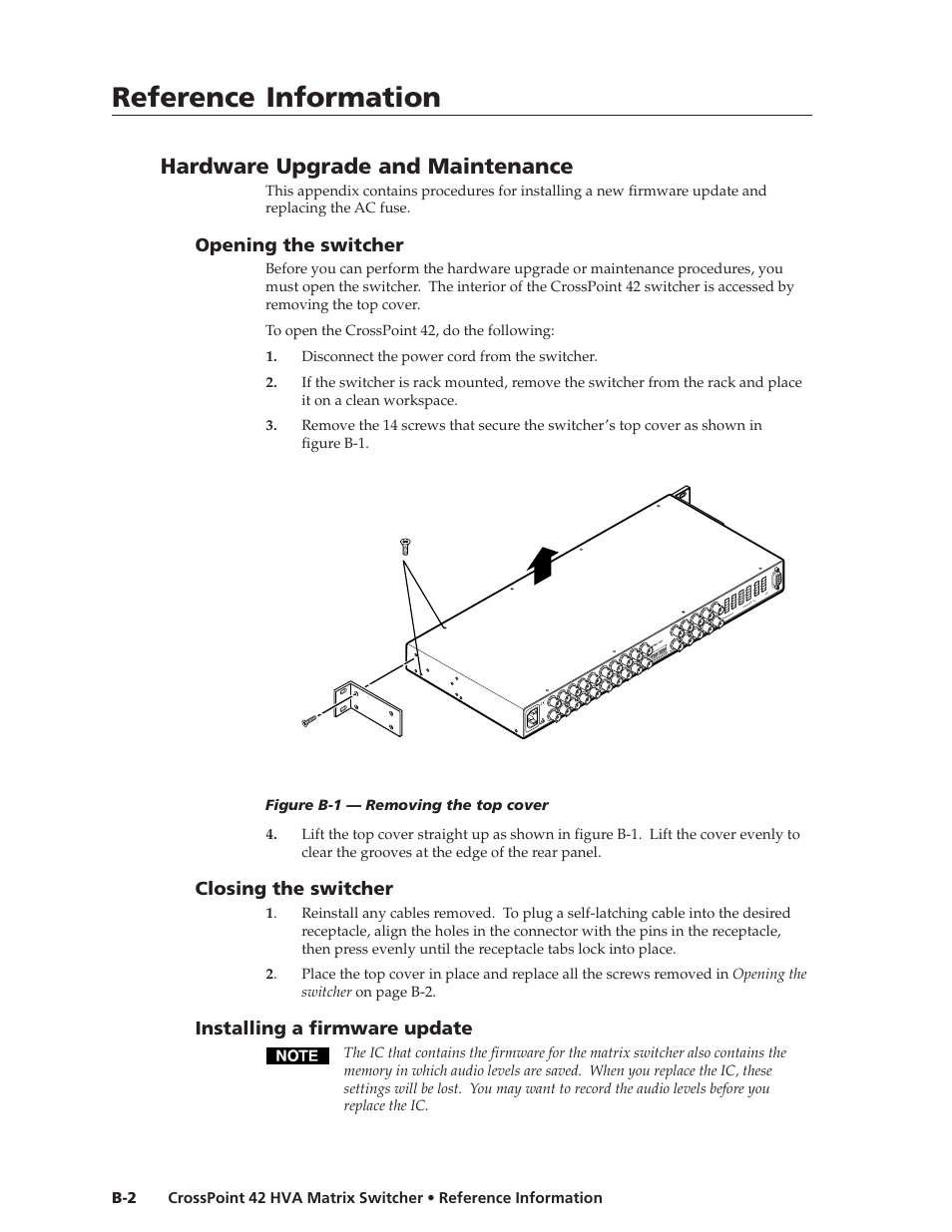 Reference information, Reference information, cont’d, Hardware upgrade and maintenance | Opening the switcher, Closing the switcher, Installing a firmware update, 5a max | Extron Electronics CrossPoint 42 HVA User Manual | Page 42 / 46