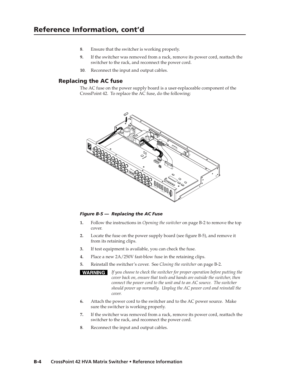 Reference information, cont’d, Replacing the ac fuse | Extron Electronics CrossPoint 42 HVA User Manual | Page 44 / 46