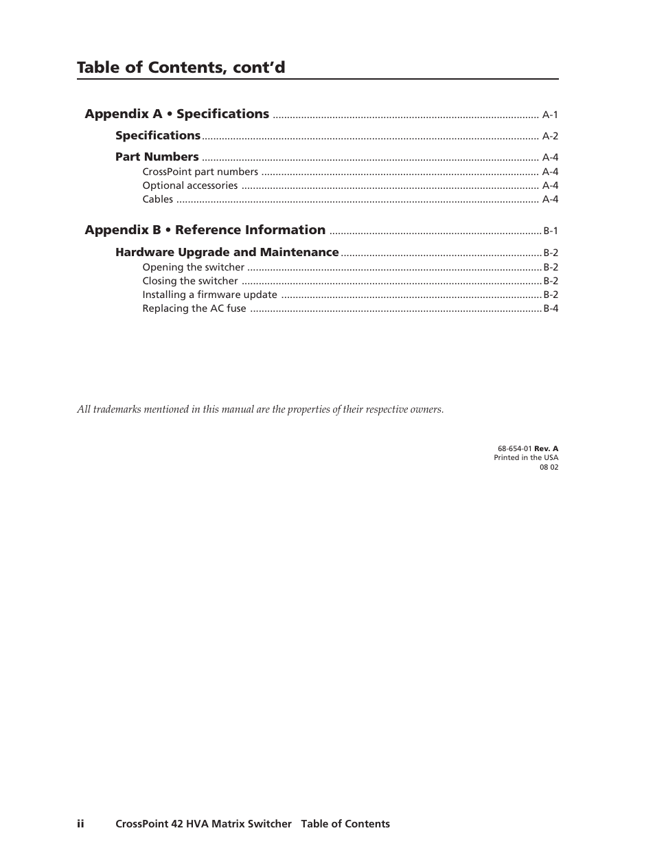 Table of contents, cont’d | Extron Electronics CrossPoint 42 HVA User Manual | Page 6 / 46