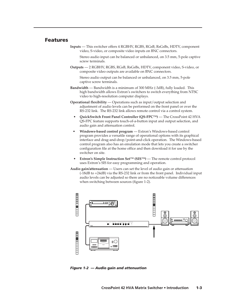 Features, 3 crosspoint 42 hva matrix switcher • introduction, Audio/ db video/ db conf/ save | Extron Electronics CrossPoint 42 HVA User Manual | Page 9 / 46