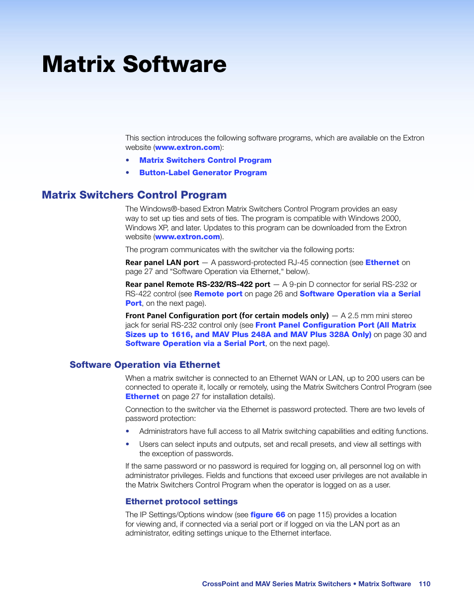 Matrix software, Matrix switchers control program, Software operation via ethernet | Ogram (see the | Extron Electronics MAV Plus Series User Guide User Manual | Page 116 / 166