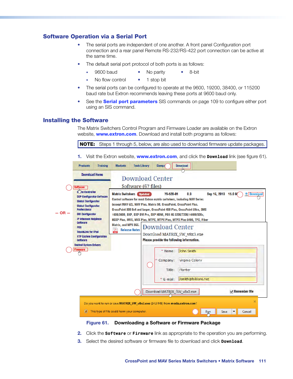 Software operation via a serial port, Installing the software, Software operation via a serial | Port | Extron Electronics MAV Plus Series User Guide User Manual | Page 117 / 166