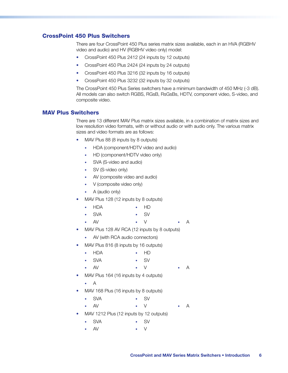 Crosspoint 450 plus switchers, Mav plus switchers, Crosspoint 450 plus switchers mav plus switchers | Extron Electronics MAV Plus Series User Guide User Manual | Page 12 / 166