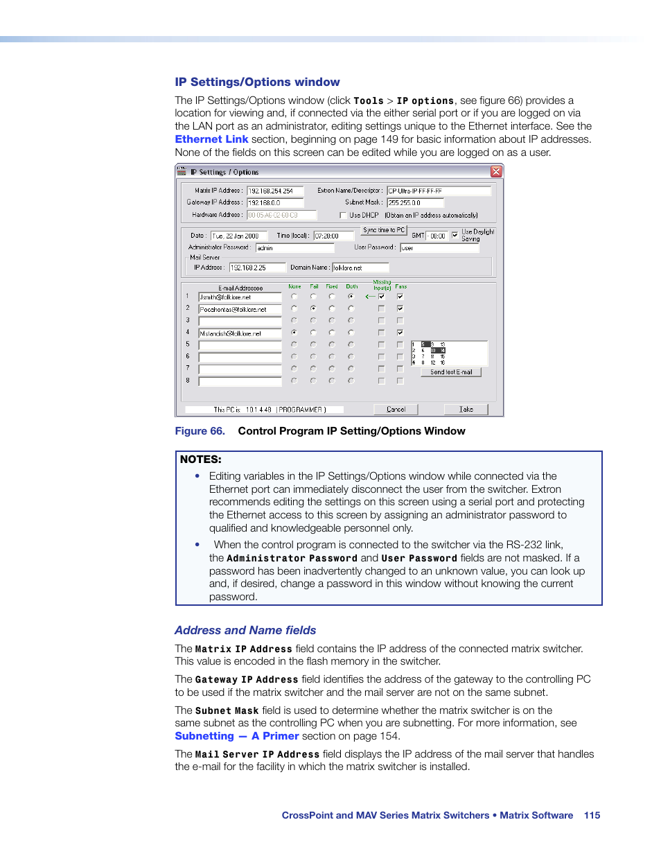 The ip settings/options window (see, Figure 66 | Extron Electronics MAV Plus Series User Guide User Manual | Page 121 / 166