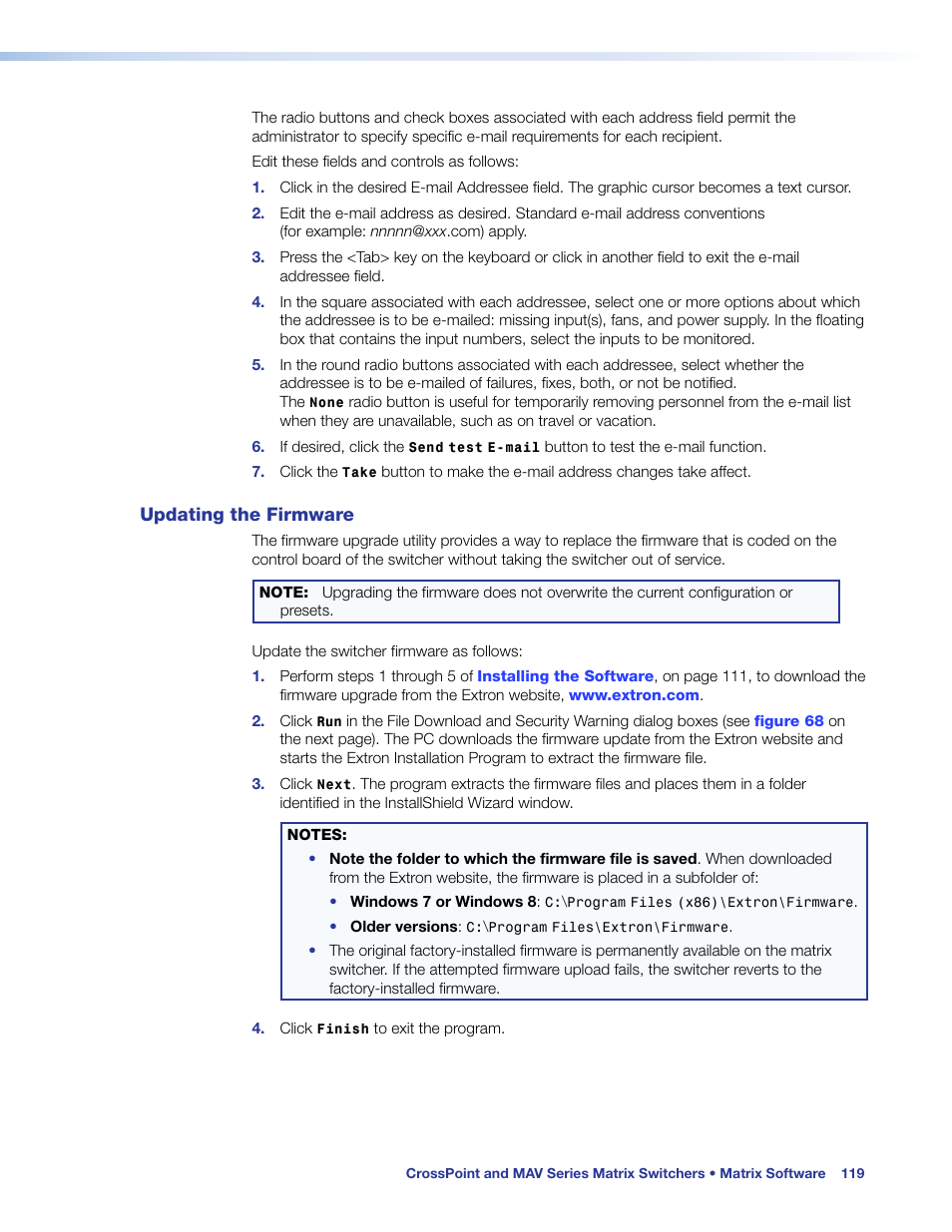 Updating the firmware, Updating firmware | Extron Electronics MAV Plus Series User Guide User Manual | Page 125 / 166