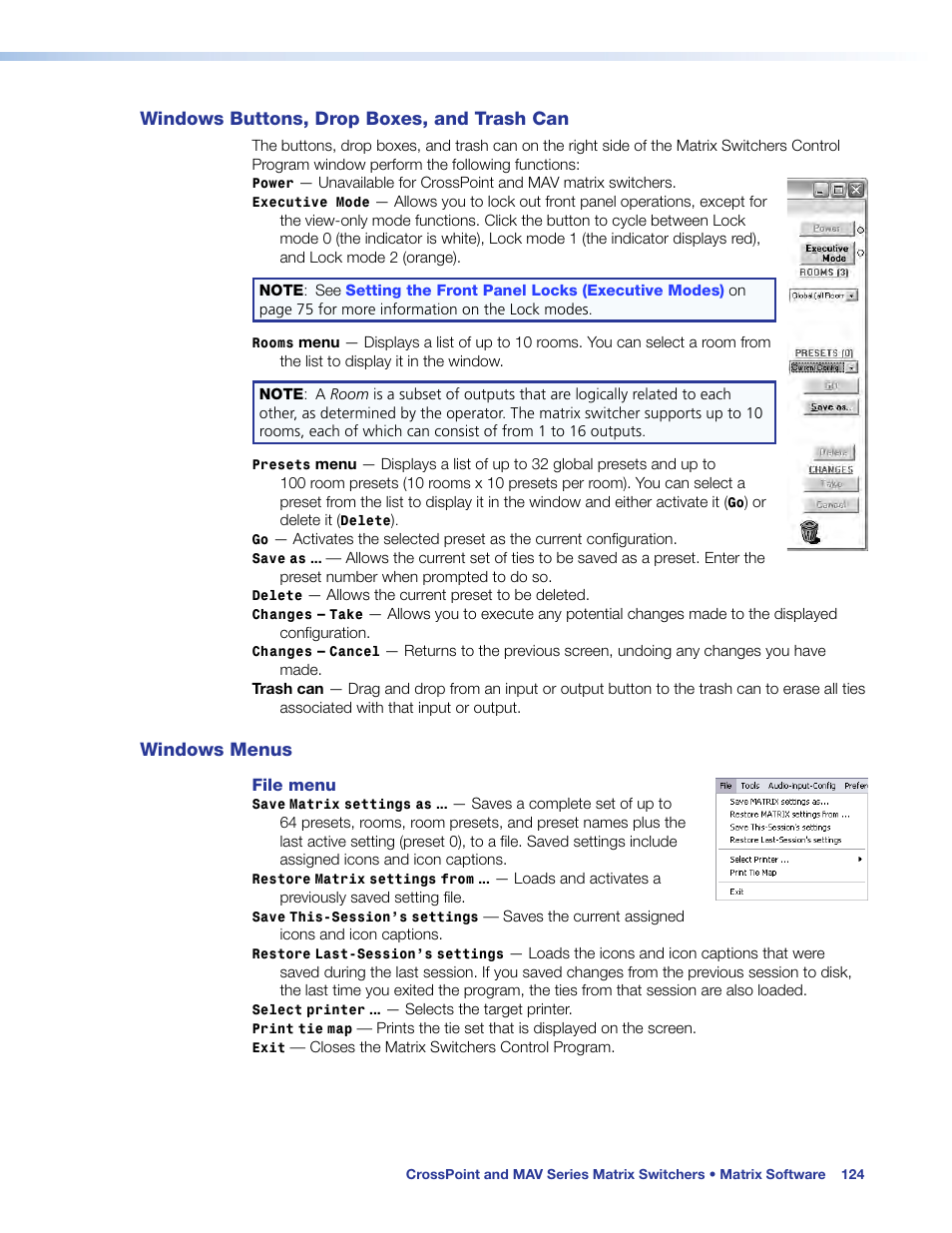 Windows buttons, drop boxes, and trash can, Windows menus, Windows buttons, drop boxes, and | Trash can | Extron Electronics MAV Plus Series User Guide User Manual | Page 130 / 166