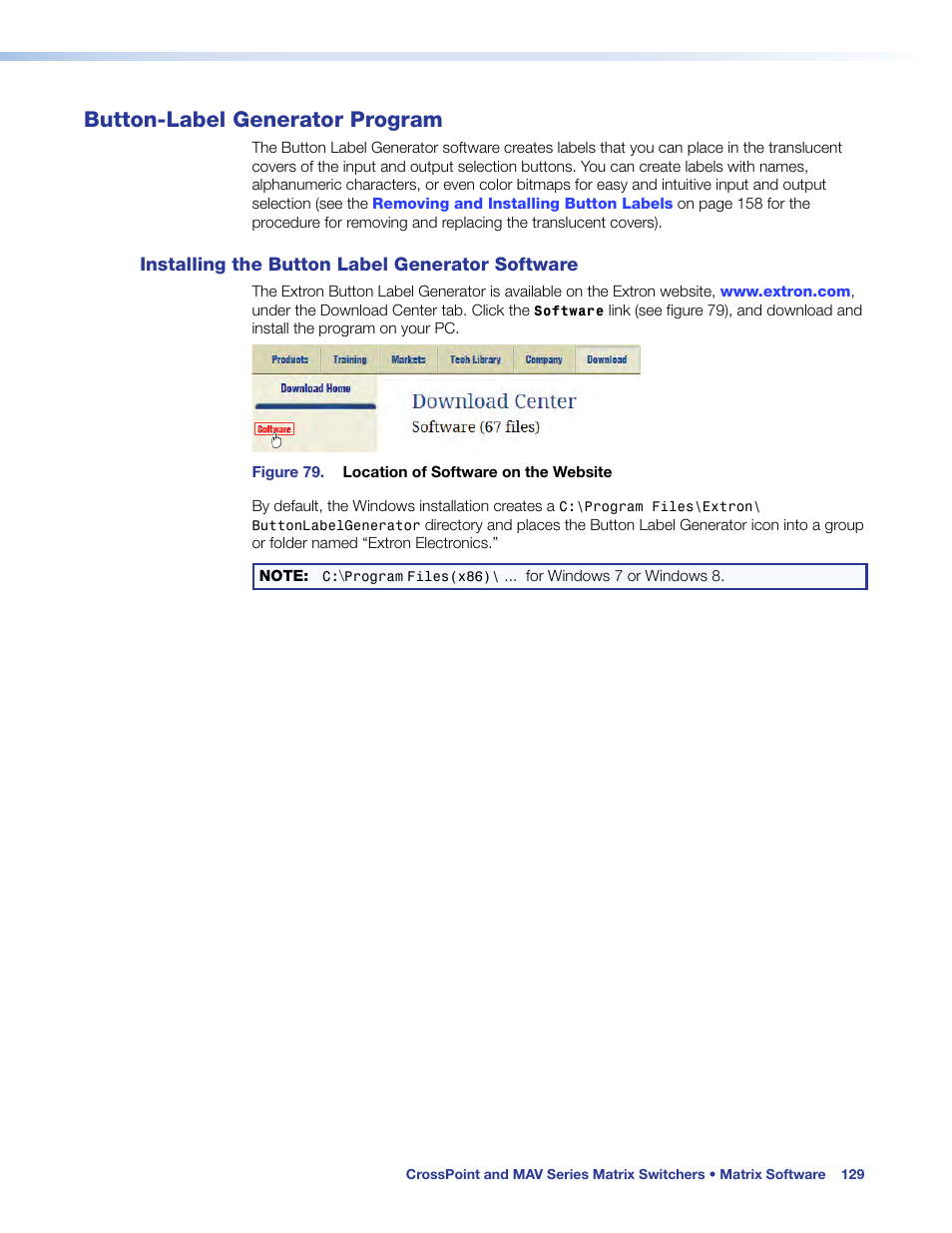 Button-label generator program, Installing the button label generator software, Installing the button label generator | Software, E 32). see, Button-label generator, Program | Extron Electronics MAV Plus Series User Guide User Manual | Page 135 / 166