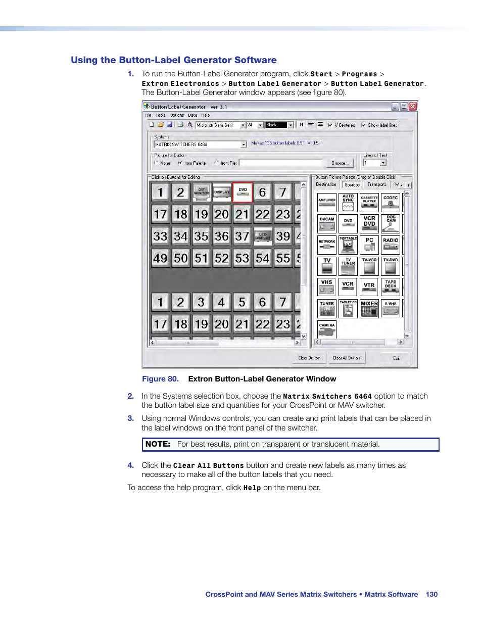 Using the button-label generator software, Using the button-label generator, Software | Extron Electronics MAV Plus Series User Guide User Manual | Page 136 / 166