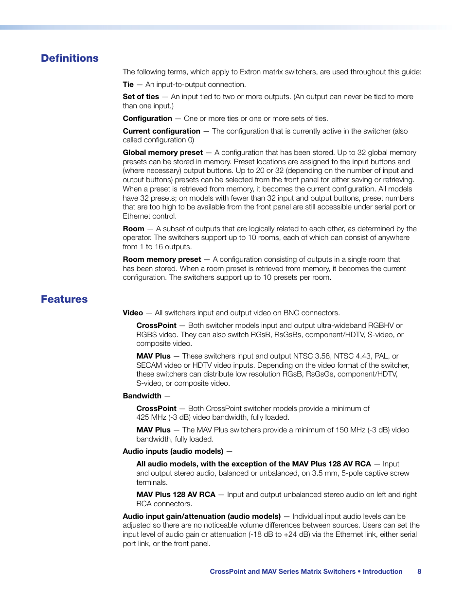 Definitions, Features, Definitions features | Extron Electronics MAV Plus Series User Guide User Manual | Page 14 / 166