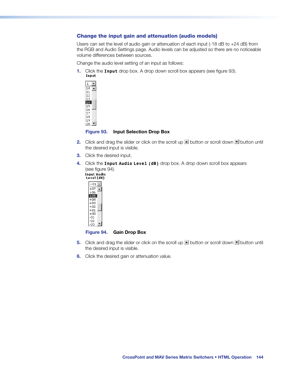 Change the input gain and attenuation (audio, Models) | Extron Electronics MAV Plus Series User Guide User Manual | Page 150 / 166