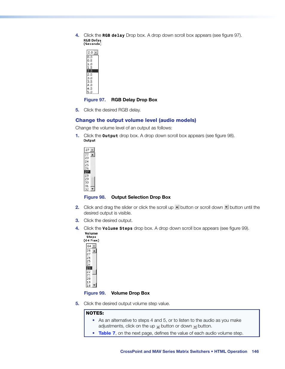 Change the output, Volume level (audio models) | Extron Electronics MAV Plus Series User Guide User Manual | Page 152 / 166