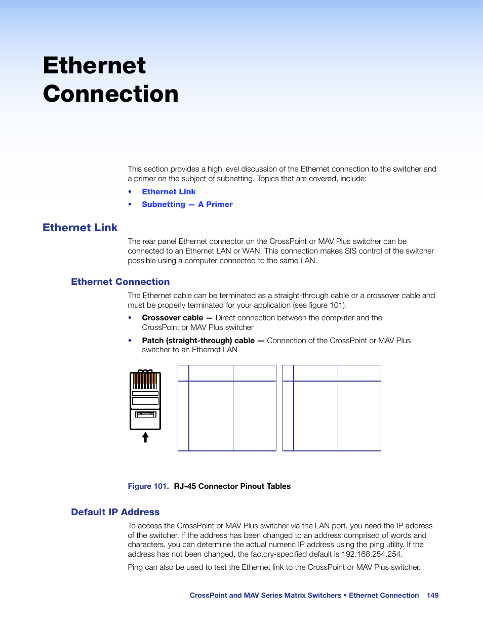 Ethernet connection, Ethernet link, Default ip address | Ethernet connection default ip address | Extron Electronics MAV Plus Series User Guide User Manual | Page 155 / 166
