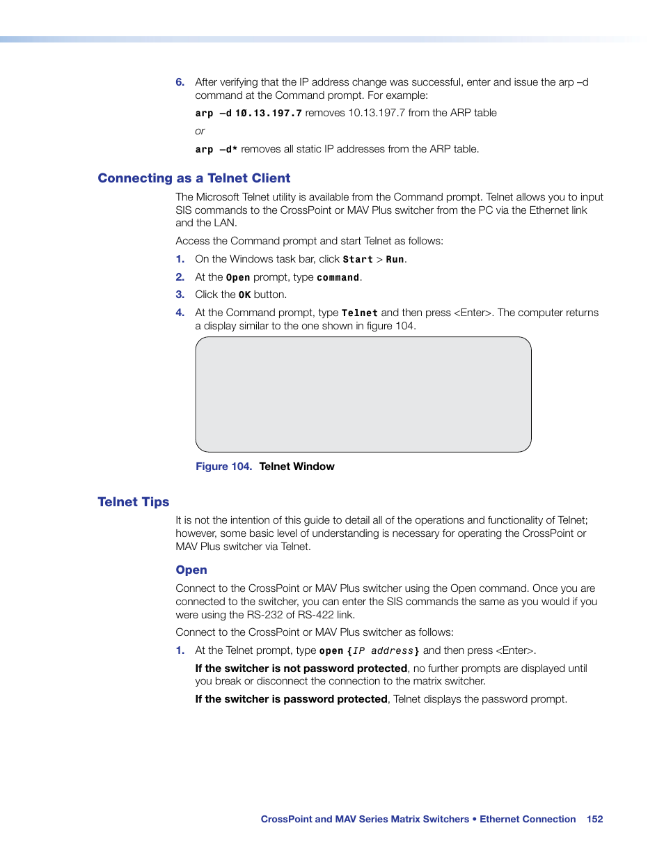 Connecting as a telnet client, Telnet tips, Connecting as a telnet client telnet tips | Extron Electronics MAV Plus Series User Guide User Manual | Page 158 / 166