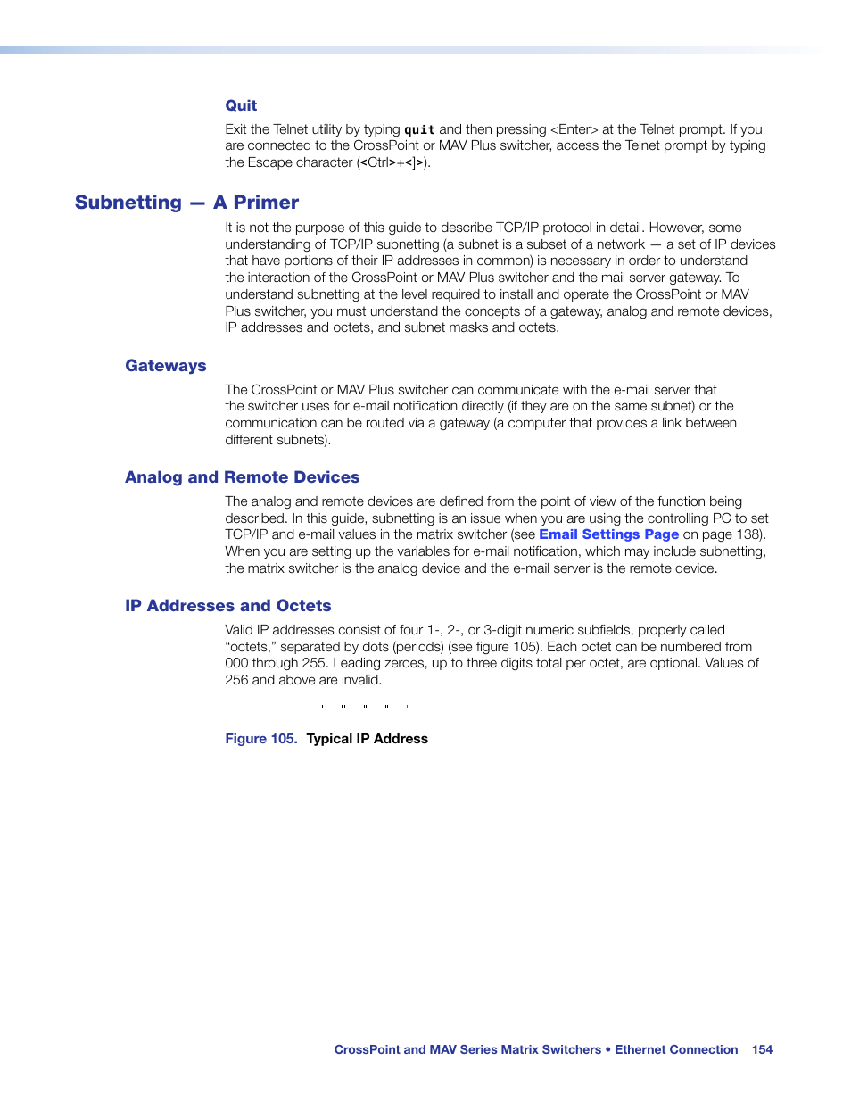 Subnetting — a primer, Gateways, Analog and remote devices | Ip addresses and octets, Subnetting — a, Primer | Extron Electronics MAV Plus Series User Guide User Manual | Page 160 / 166