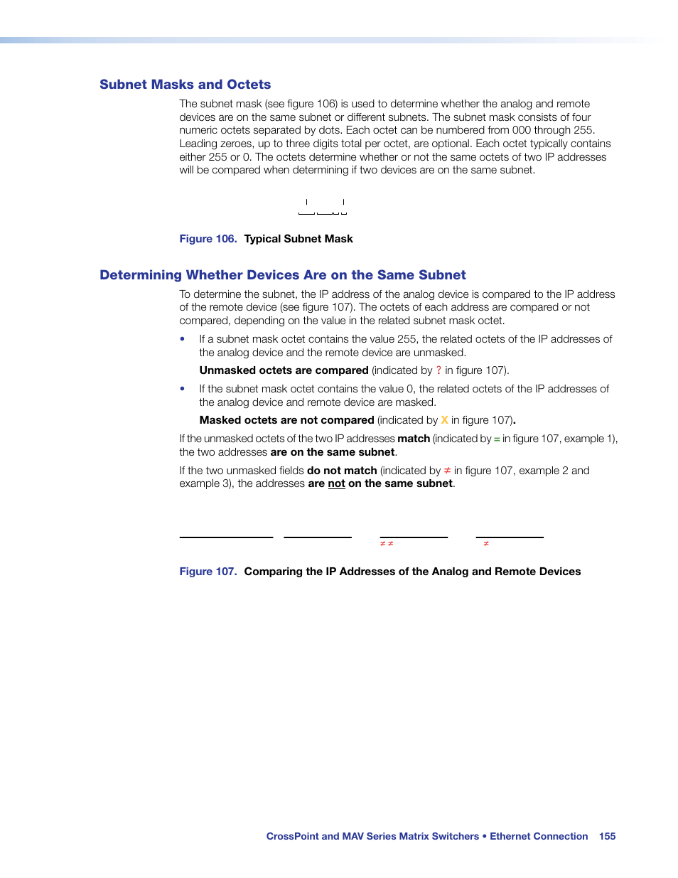 Subnet masks and octets, Determining whether devices are on the same subnet, On the same subnet | Extron Electronics MAV Plus Series User Guide User Manual | Page 161 / 166
