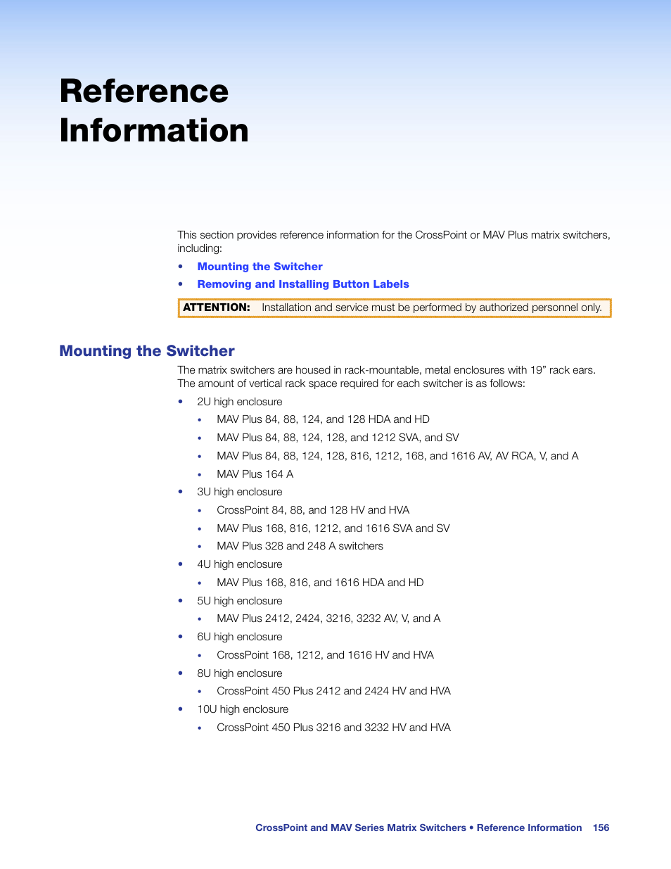 Reference information, Mounting the switcher, Ed, install the switcher in a rack | Extron Electronics MAV Plus Series User Guide User Manual | Page 162 / 166