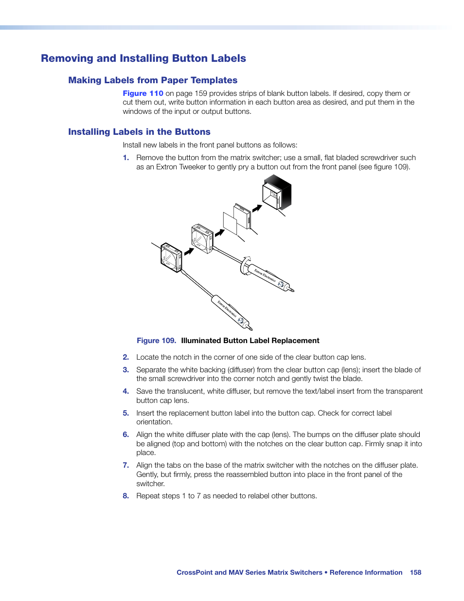 Removing and installing button labels, Making labels from paper templates, Installing labels in the buttons | Eplace button labels (see, Removing and installing button, Labels, E. see, Removing and, Installing button labels | Extron Electronics MAV Plus Series User Guide User Manual | Page 164 / 166